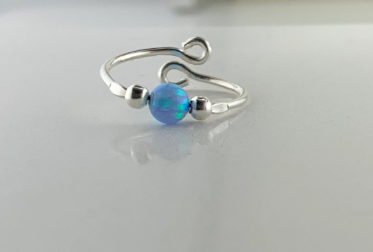 Blue Opal Bead - Sterling Silver Adjustable Toe Ring - TRA82 SS