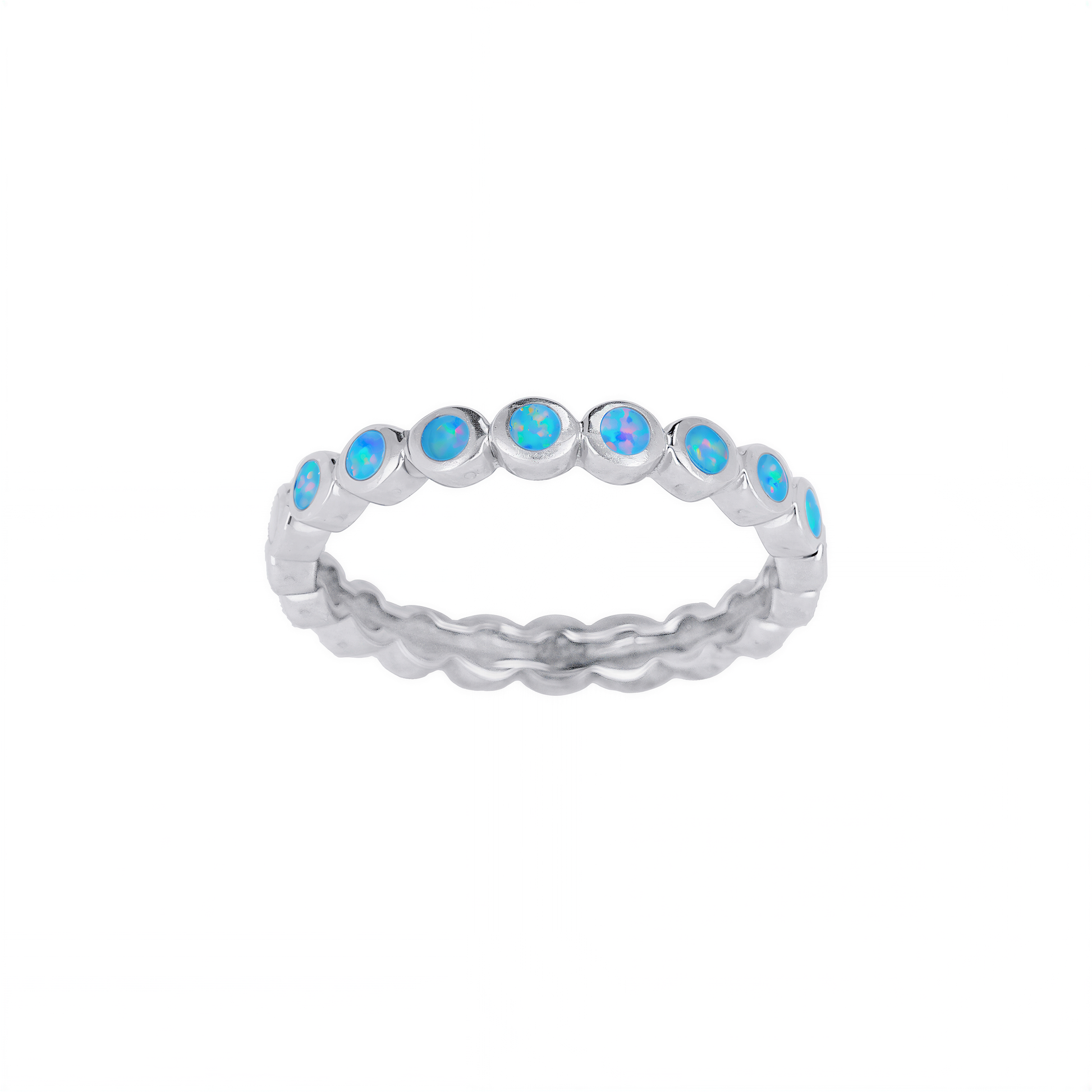 A silver ring with blue opals set in a row.