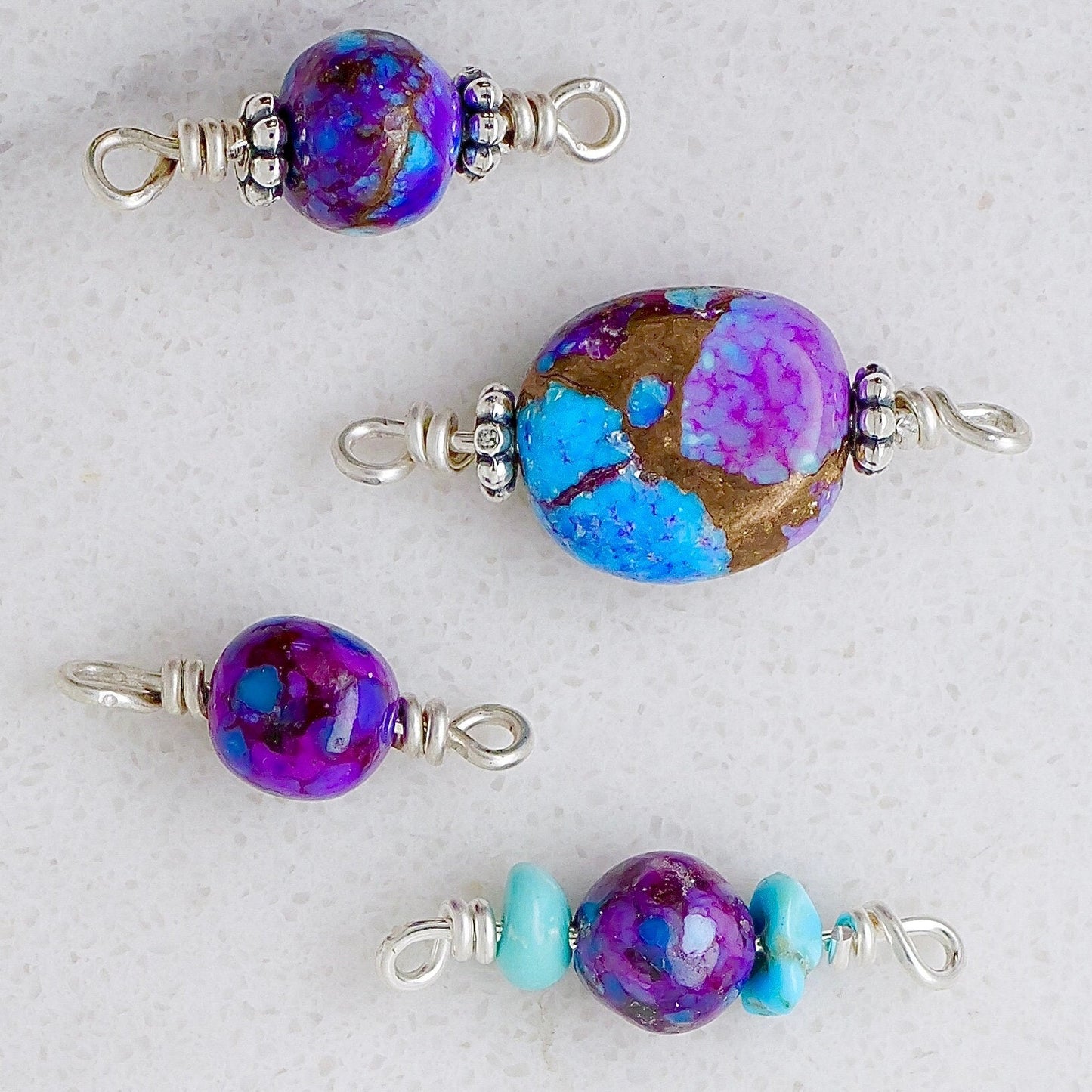 Purple Kingman Turquoise Matrix with Bronze connector bead hand wrapped on sterling silver wire